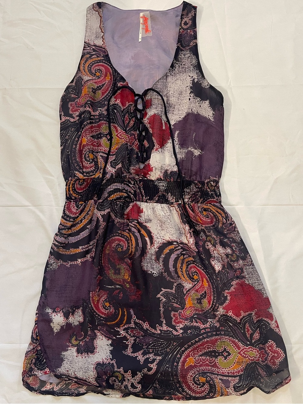Free People Falling for Georgette Dress XS Eggplant Paisley Lace Up Boho